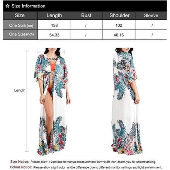 KIMONOS for Women Long Bikini Swimwear Beach Swimsuit Cover Up Floral&leaf - Picture 5 of 5